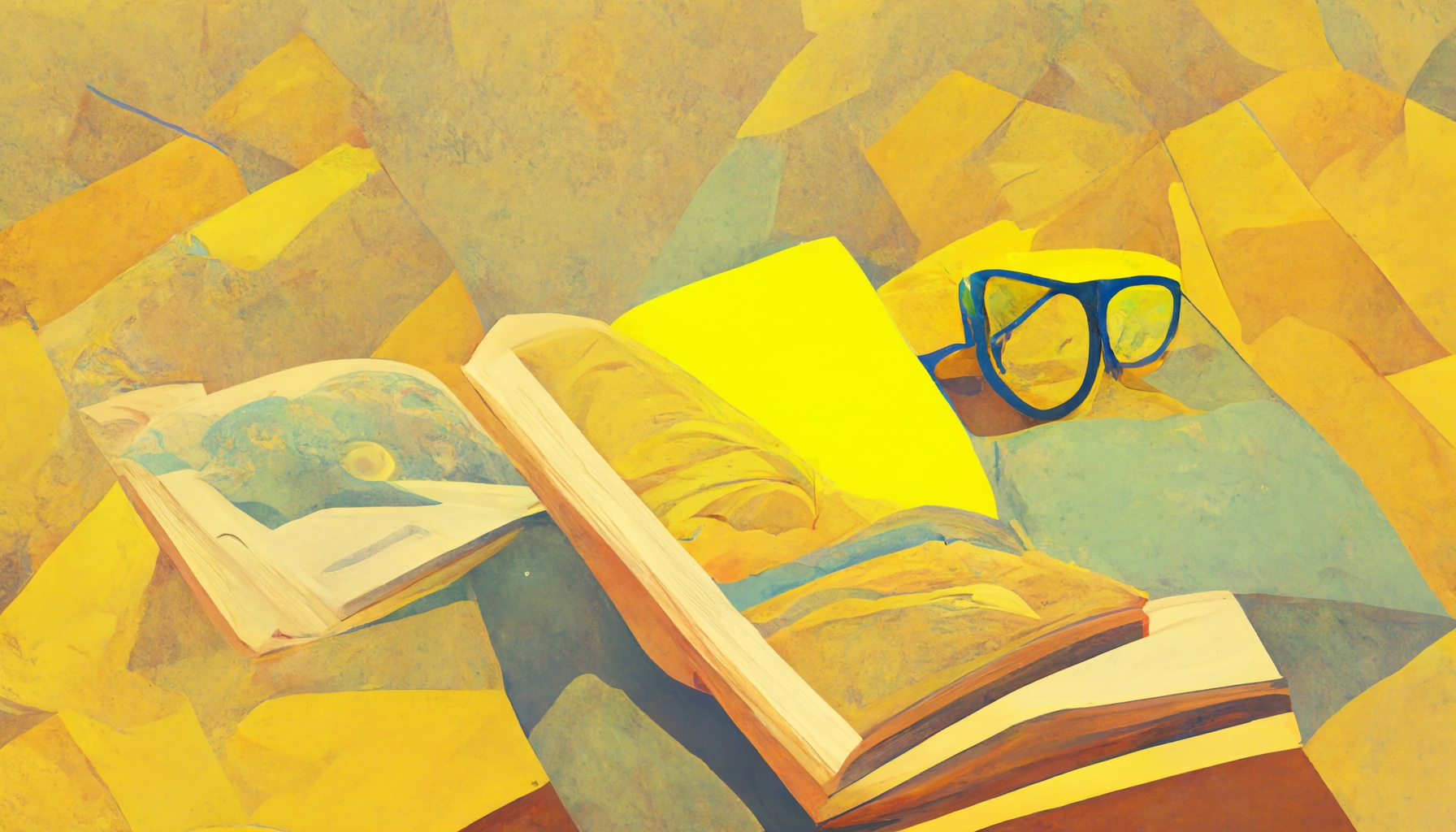 Warum ist lesen wichtig, abstraktes Bild von einem gelben Buch und einer Brille