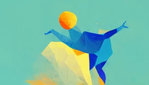 Perfektionismus ablegen, abstraktes Bild von einem Menschen mit runden orangem Kopf auf blauem Grund