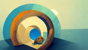 Raus aus dem Hamsterrad, abstrakter Hamster in einem gelb-orangen Kreis
